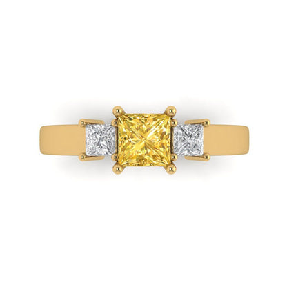 1.11 cttw Zirconia Simulated Yellow Diamond Three-Stone Engagement Ring - Solid Yellow Gold (VVS1, Princess Cut,5.0mm)