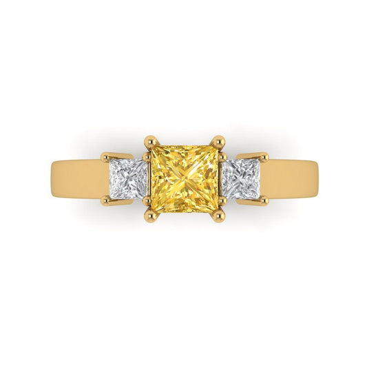 1.11 cttw Zirconia Simulated Yellow Diamond Three-Stone Engagement Ring - Solid Yellow Gold (VVS1, Princess Cut,5.0mm)