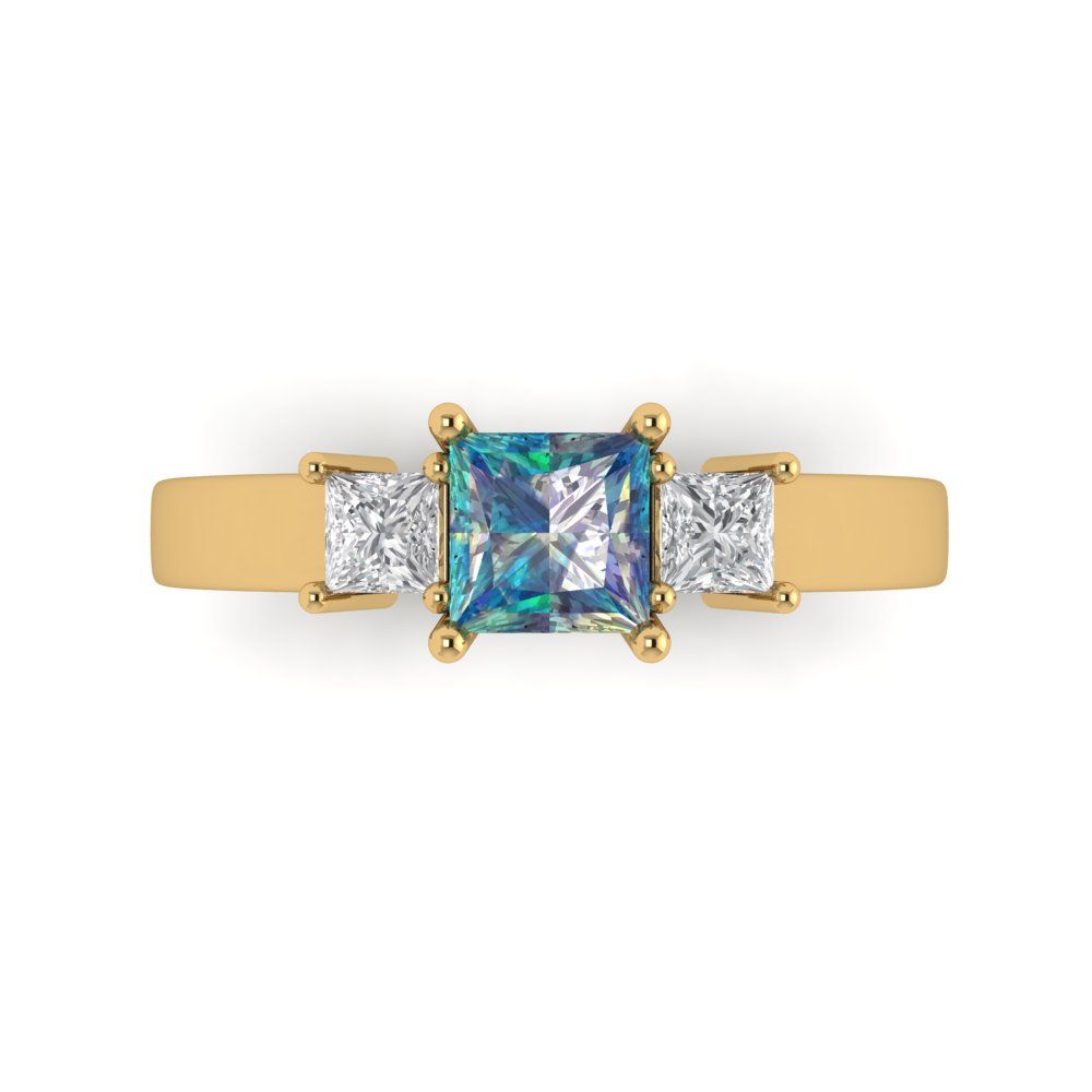 1.11 cttw Blue Moissanite Three-Stone Engagement Ring - Solid Yellow Gold (VVS1, Princess Cut,5.0mm)
