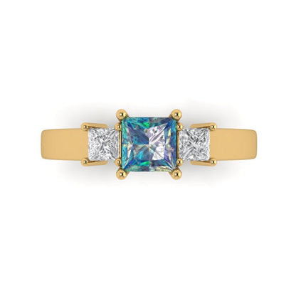 1.11 cttw Blue Moissanite Three-Stone Engagement Ring - Solid Yellow Gold (VVS1, Princess Cut,5.0mm)