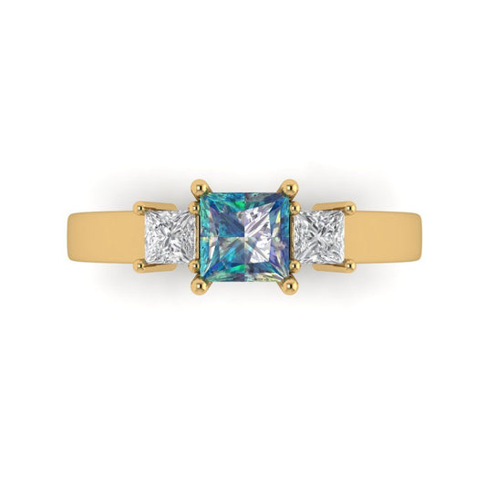 1.11 cttw Blue Moissanite Three-Stone Engagement Ring - Solid Yellow Gold (VVS1, Princess Cut,5.0mm)