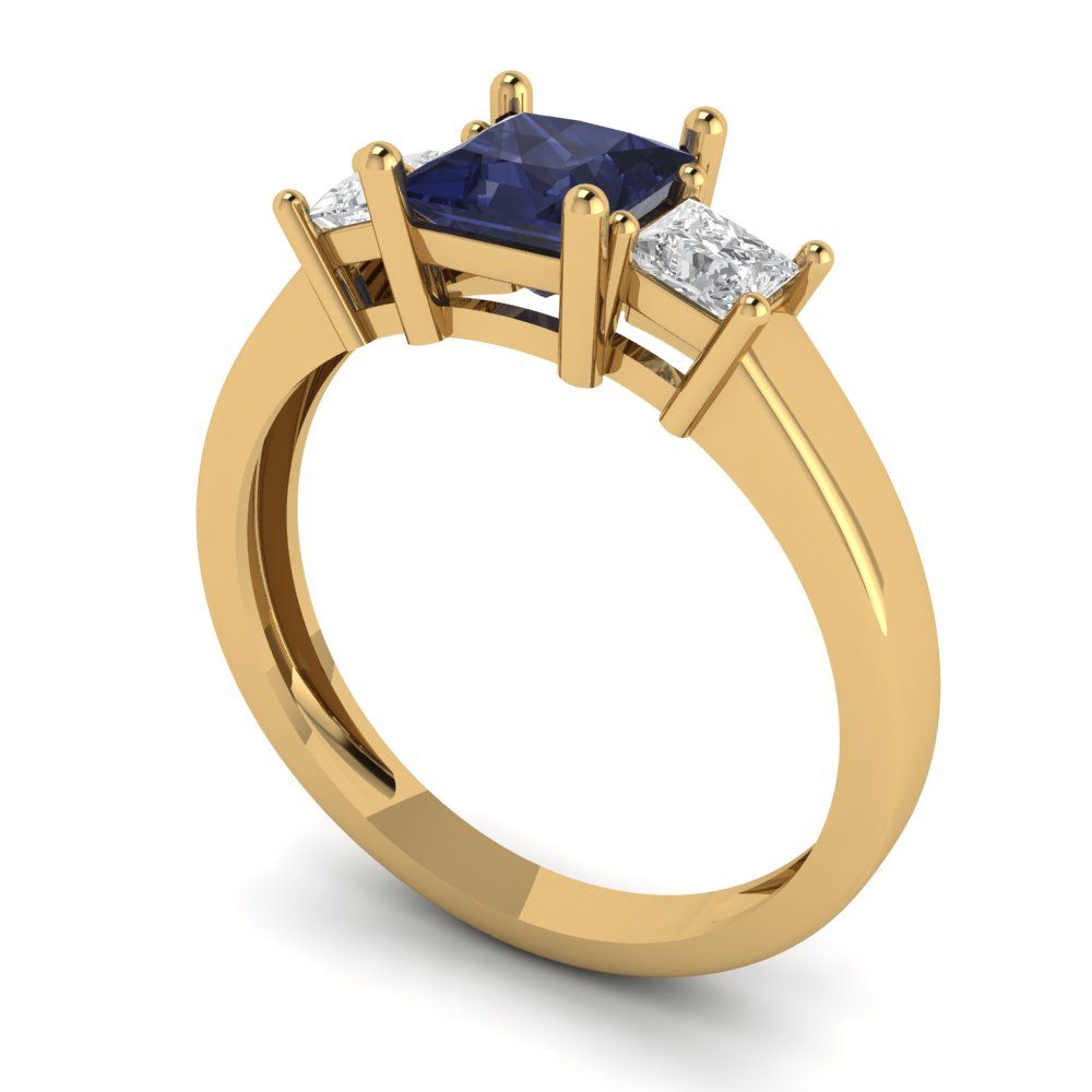 1.11 cttw Simulated Blue Sapphire Three-Stone Engagement Ring - Solid Gold (Princess Cut,5.0mm)