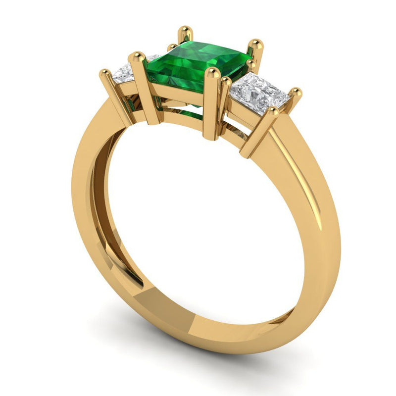 1.11 ct Brilliant Princess Cut Simulated Emerald Stone Yellow Gold Three-Stone Ring