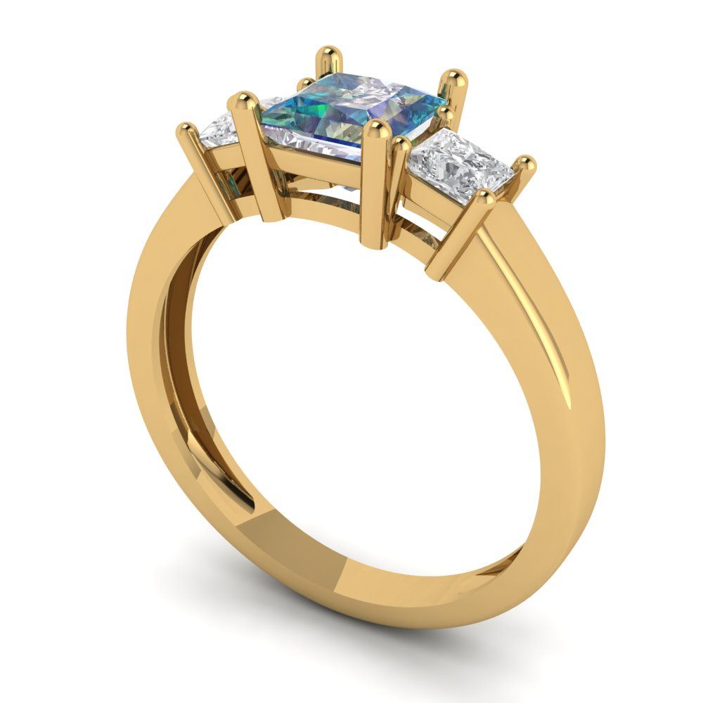 1.11 cttw Blue Moissanite Three-Stone Engagement Ring - Solid Yellow Gold (VVS1, Princess Cut,5.0mm)