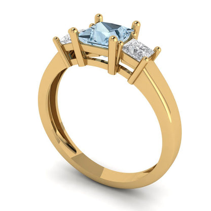 1.11 cttw Natural Aquamarine Three-Stone Engagement Ring - Solid Yellow Gold (VVS1, Princess Cut,5.0mm)