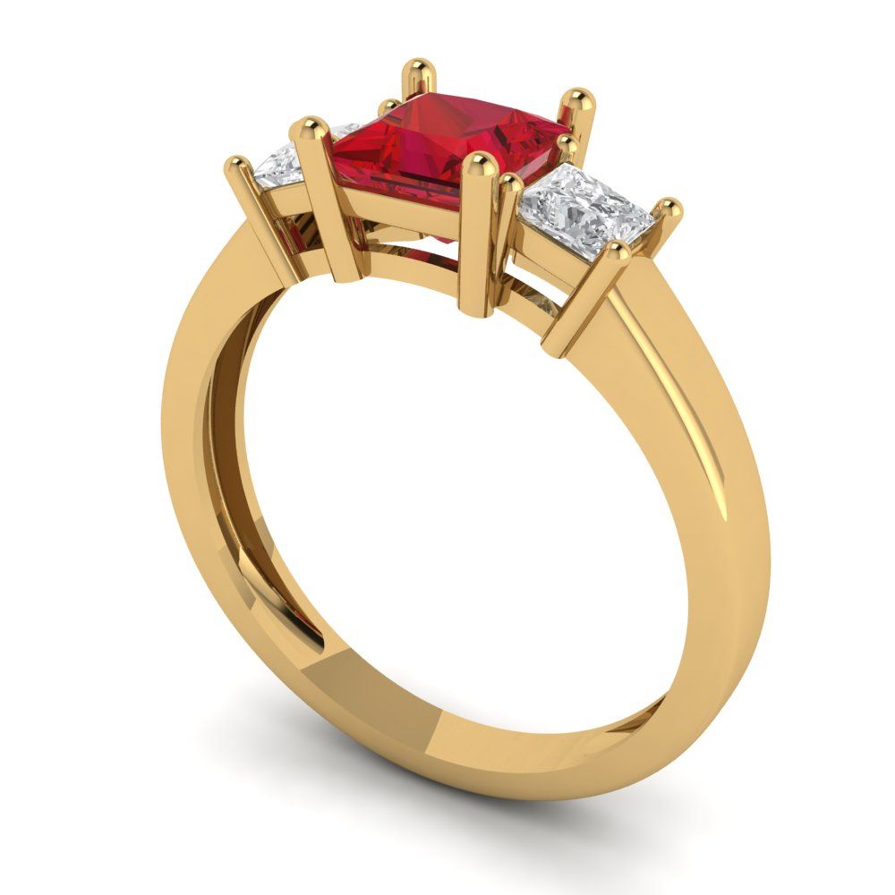 1.11 cttw Simulated Ruby Three-Stone Engagement Ring - Solid Yellow Gold (VVS1, Princess Cut,5.0mm)