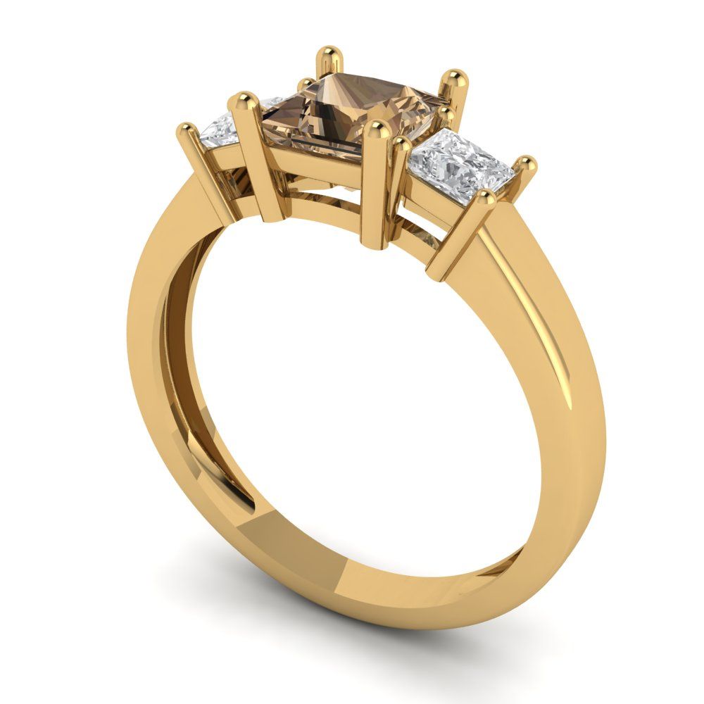 1.11 cttw Zirconia Simulated Champagne Diamond Three-Stone Engagement Ring - Solid Yellow Gold (VVS1, Princess Cut,5.0mm)