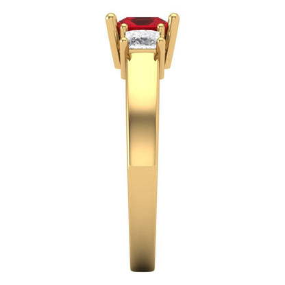 1.11 cttw Simulated Ruby Three-Stone Engagement Ring - Solid Yellow Gold (VVS1, Princess Cut,5.0mm)