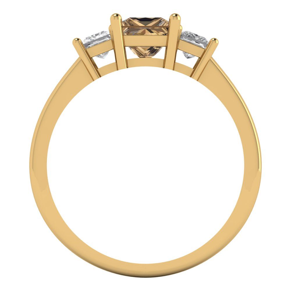 1.11 cttw Zirconia Simulated Champagne Diamond Three-Stone Engagement Ring - Solid Yellow Gold (VVS1, Princess Cut,5.0mm)