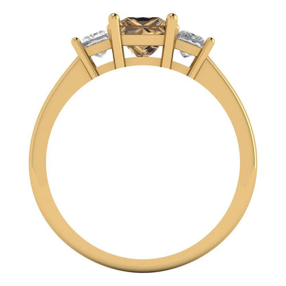 1.11 cttw Zirconia Simulated Champagne Diamond Three-Stone Engagement Ring - Solid Yellow Gold (VVS1, Princess Cut,5.0mm)