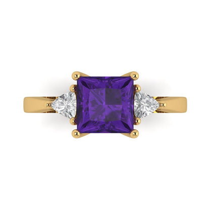 2.32 cttw Natural Amethyst Three-Stone Engagement Ring - Solid Gold (Princess Cut,7.0mm)