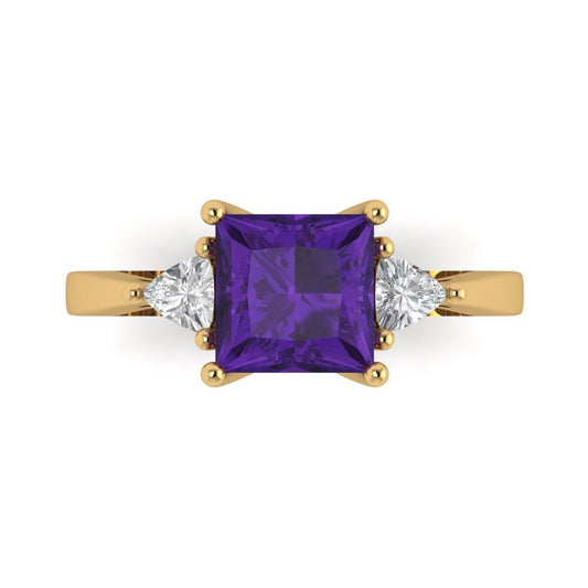2.32 cttw Natural Amethyst Three-Stone Engagement Ring - Solid Yellow Gold (VVS1, Princess Cut,7.0mm)