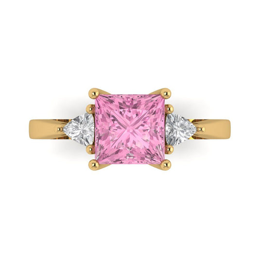 2.32 cttw Zirconia Simulated Pink Diamond Three-Stone Engagement Ring - Solid Yellow Gold (VVS1, Princess Cut,7.0mm)