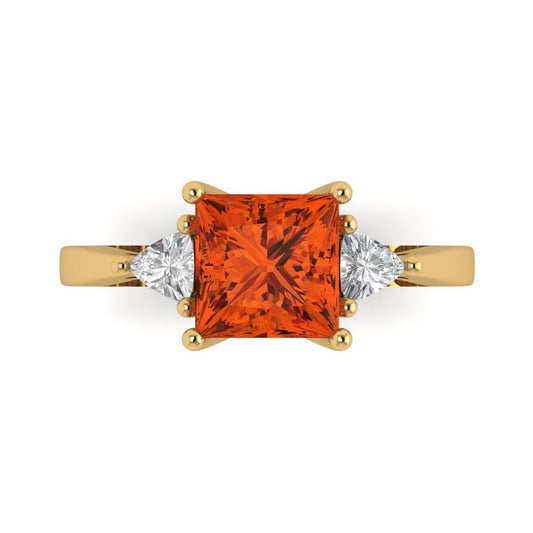 2.32 cttw Zirconia Simulated Red Diamond Three-Stone Engagement Ring - Solid Yellow Gold (VVS1, Princess Cut,7.0mm)