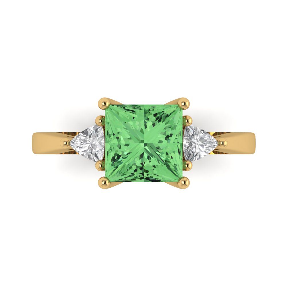 2.32 cttw Zirconia Simulated Green Diamond Three-Stone Engagement Ring - Solid Gold (VVS1, Princess Cut,7.0mm)