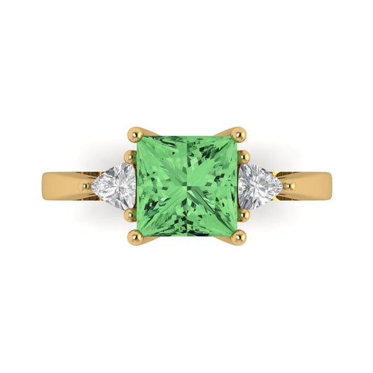 2.32 cttw Zirconia Simulated Green Diamond Three-Stone Engagement Ring - Solid Yellow Gold (VVS1, Princess Cut,7.0mm)