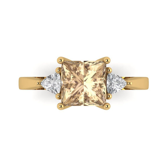 2.32 cttw Yellow Moissanite Three-Stone Engagement Ring - Solid Yellow Gold (VVS1, Princess Cut,7.0mm)