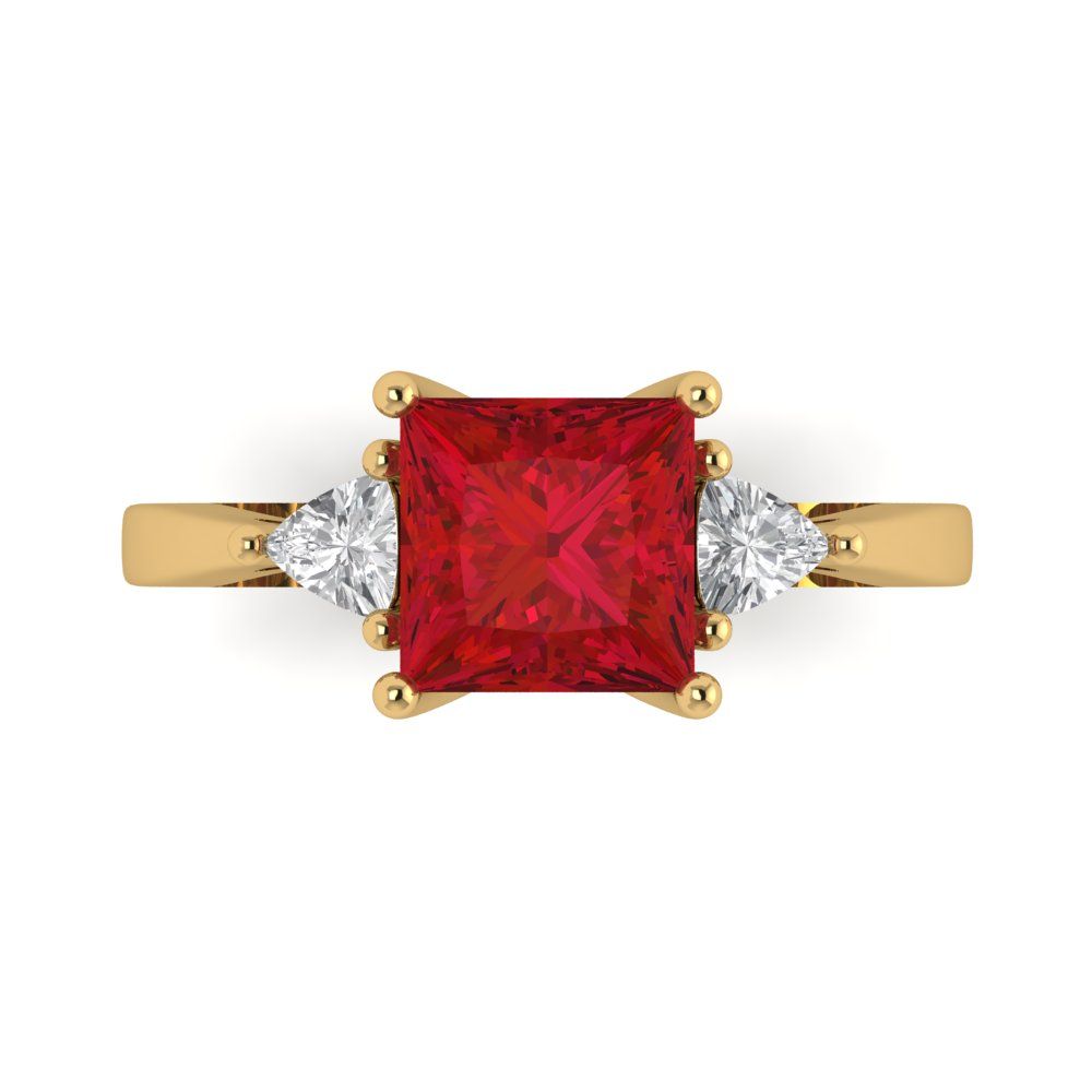 2.32 cttw Simulated Ruby Three-Stone Engagement Ring - Solid Yellow Gold (VVS1, Princess Cut,7.0mm)