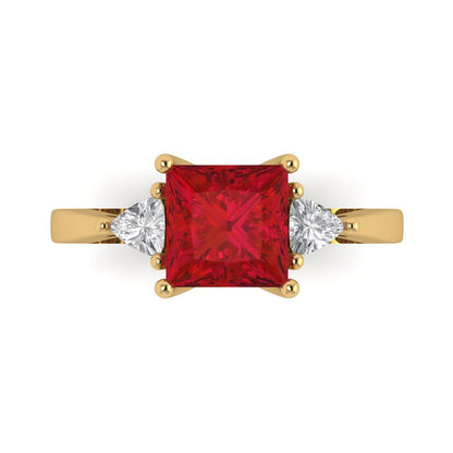 2.32 cttw Simulated Ruby Three-Stone Engagement Ring - Solid Yellow Gold (VVS1, Princess Cut,7.0mm)