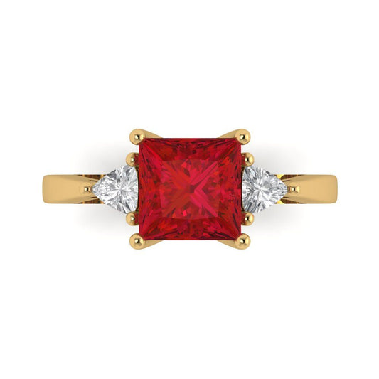 2.32 cttw Simulated Ruby Three-Stone Engagement Ring - Solid Yellow Gold (VVS1, Princess Cut,7.0mm)