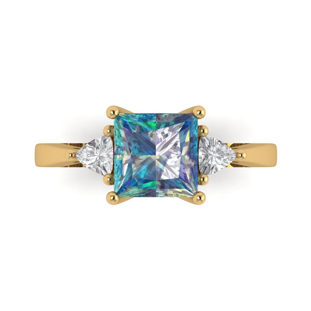 2.32 cttw Blue Moissanite Three-Stone Engagement Ring - Solid Gold (Princess Cut,7.0mm)