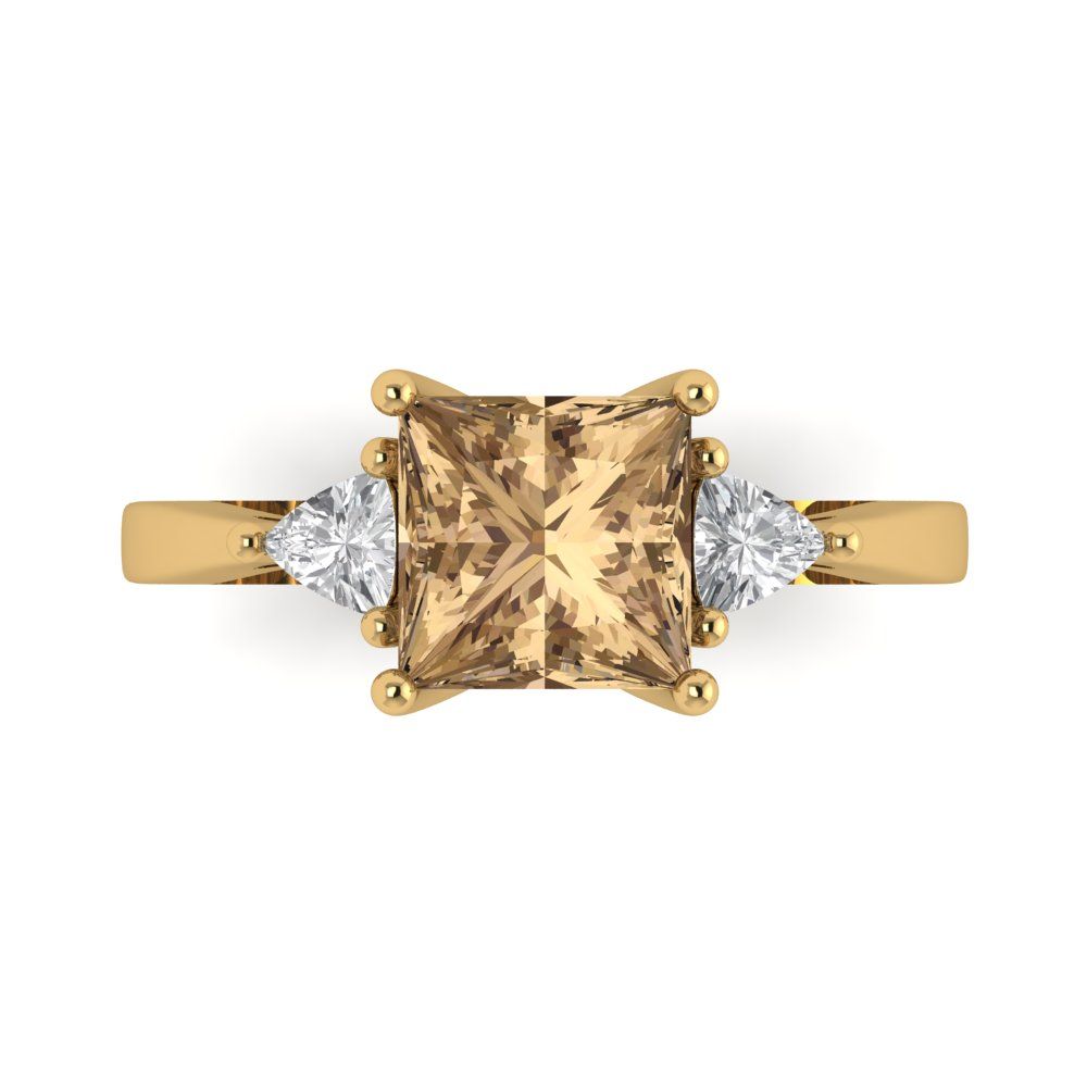 2.32 cttw Zirconia Simulated Champagne Diamond Three-Stone Engagement Ring - Solid Gold (VVS1, Princess Cut,7.0mm)