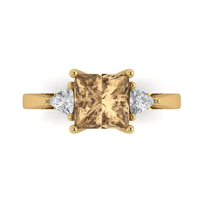 2.32 cttw Zirconia Simulated Champagne Diamond Three-Stone Engagement Ring - Solid Gold (VVS1, Princess Cut,7.0mm)