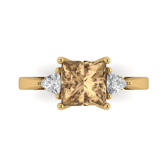 2.32 cttw Zirconia Simulated Champagne Diamond Three-Stone Engagement Ring - Solid Yellow Gold (VVS1, Princess Cut,7.0mm)