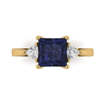 2.32 cttw Simulated Blue Sapphire Three-Stone Engagement Ring - Solid Gold (Princess Cut,7.0mm)