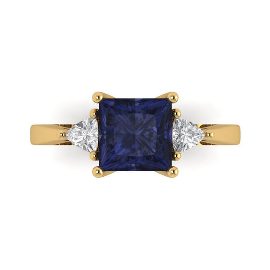 2.32 cttw Simulated Blue Sapphire Three-Stone Engagement Ring - Solid Yellow Gold (VVS1, Princess Cut,7.0mm)