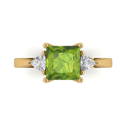 2.32 cttw Natural Peridot Three-Stone Engagement Ring - Solid Gold (Princess Cut,7.0mm)