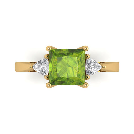 2.32 cttw Natural Peridot Three-Stone Engagement Ring - Solid Yellow Gold (VVS1, Princess Cut,7.0mm)