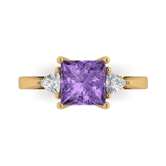 2.32 cttw Simulated Alexandrite Three-Stone Engagement Ring - Solid Yellow Gold (VVS1, Princess Cut,7.0mm)
