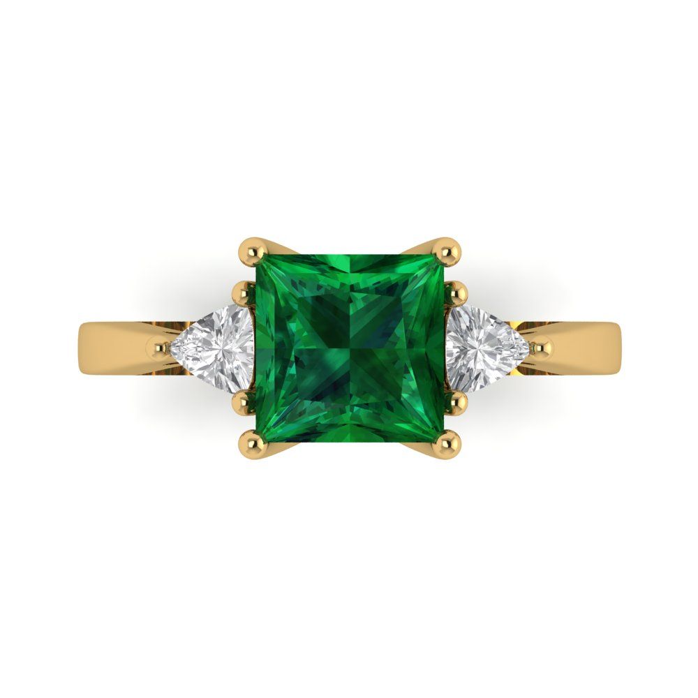 2.32 cttw Simulated Emerald Three-Stone Engagement Ring - Solid Yellow Gold (VVS1, Princess Cut,7.0mm)