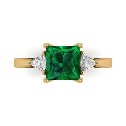 2.32 cttw Simulated Emerald Three-Stone Engagement Ring - Solid Yellow Gold (VVS1, Princess Cut,7.0mm)