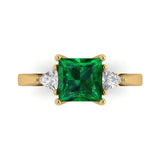 2.32 ct Brilliant Princess Cut Simulated Emerald Stone Yellow Gold Three-Stone Ring