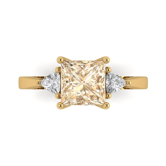 2.32 cttw Natural Morganite Three-Stone Engagement Ring - Solid Yellow Gold (VVS1, Princess Cut,7.0mm)