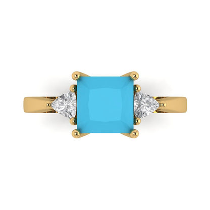 2.32 cttw Simulated Turquoise Three-Stone Engagement Ring - Solid Gold (Princess Cut,7.0mm)
