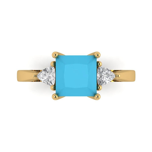 2.32 cttw Simulated Turquoise Three-Stone Engagement Ring - Solid Yellow Gold (VVS1, Princess Cut,7.0mm)