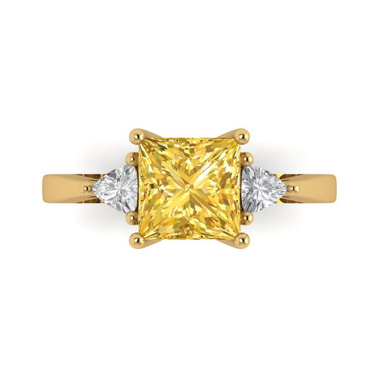 2.32 cttw Zirconia Simulated Yellow Diamond Three-Stone Engagement Ring - Solid Yellow Gold (VVS1, Princess Cut,7.0mm)