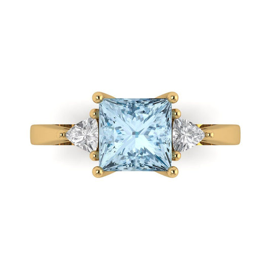 2.32 cttw Natural Aquamarine Three-Stone Engagement Ring - Solid Yellow Gold (VVS1, Princess Cut,7.0mm)