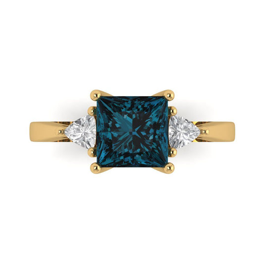 2.32 cttw Natural London Blue Topaz Three-Stone Engagement Ring - Solid Yellow Gold (VVS1, Princess Cut,7.0mm)
