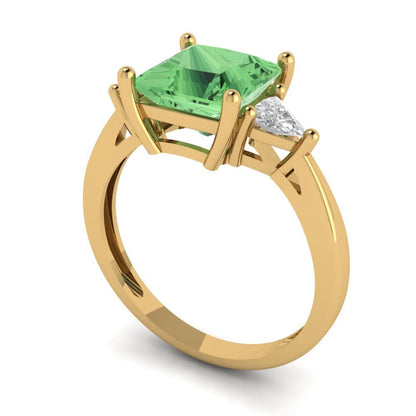 2.32 cttw Zirconia Simulated Green Diamond Three-Stone Engagement Ring - Solid Gold (VVS1, Princess Cut,7.0mm)