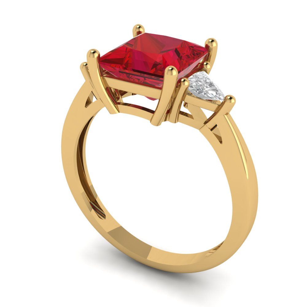 2.32 cttw Simulated Ruby Three-Stone Engagement Ring - Solid Yellow Gold (VVS1, Princess Cut,7.0mm)