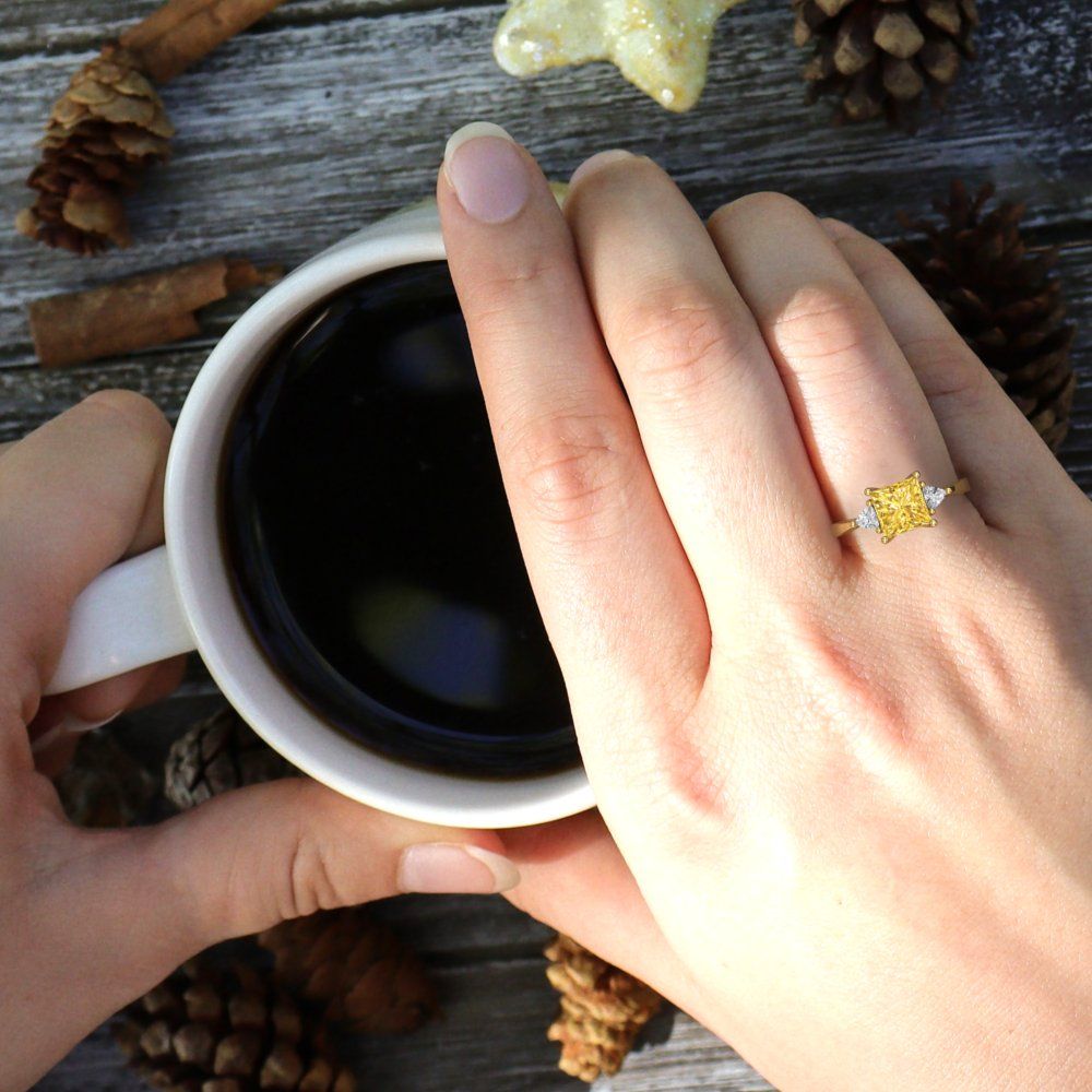 2.32 cttw Natural Citrine Three-Stone Engagement Ring - Solid Gold (Princess Cut,7.0mm)