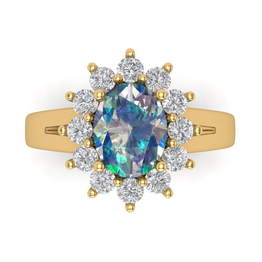 2.72 cttw Blue Moissanite Hidden Halo Engagement Ring - Solid Yellow Gold (VVS1, Oval Cut,9x7mm)