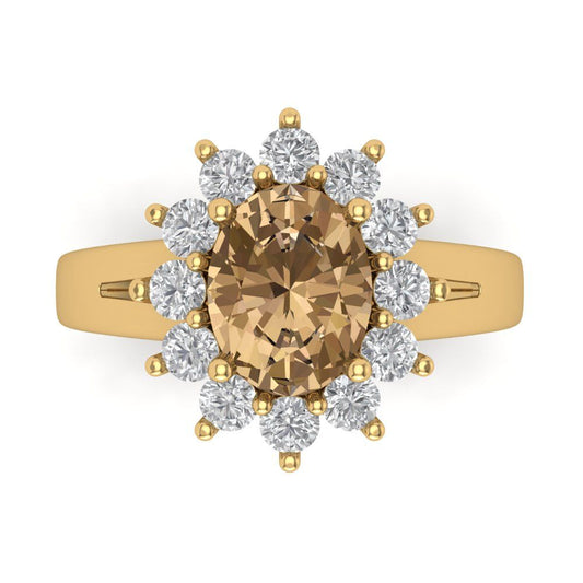 2.72 cttw Zirconia Simulated Champagne Diamond Hidden Halo Engagement Ring - Solid Yellow Gold (VVS1, Oval Cut,9x7mm)