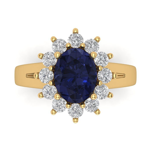 2.72 cttw Simulated Blue Sapphire Hidden Halo Engagement Ring - Solid Yellow Gold (VVS1, Oval Cut,9x7mm)
