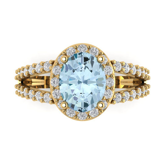 2.6 cttw Natural Aquamarine Hidden Halo Engagement Ring - Solid Yellow Gold (VVS1, Oval Cut,9x7mm)