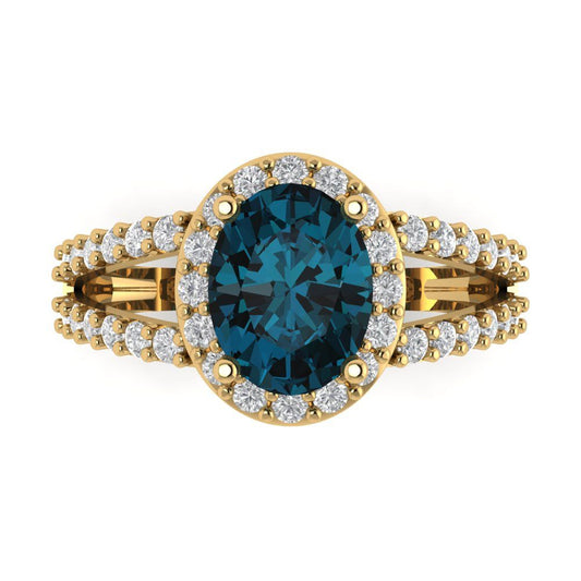 2.6 cttw Natural London Blue Topaz Hidden Halo Engagement Ring - Solid Yellow Gold (VVS1, Oval Cut,9x7mm)